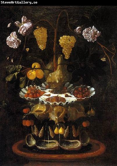 Juan de  Espinosa A fountain of grape vines, roses and apples in a conch shell